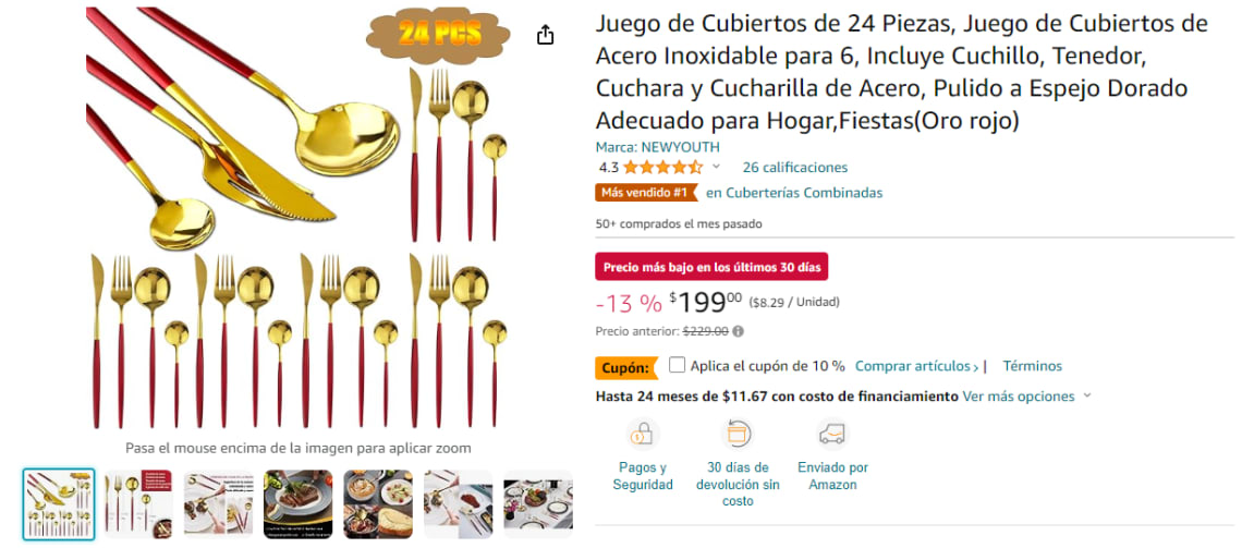 Juego de Cubiertos de 24 Piezas, Juego de Cubiertos de Acero Inoxidable  para 6, Incluye Cuchillo, Tenedor, Cuchara y Cucharilla de Acero, Pulido a  Espejo Dorado Adecuado para Hogar,Fiestas(Oro rojo) : .com.mx