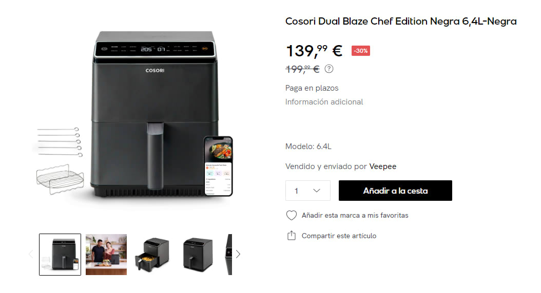 FREIDORA COSORI SIN aceite 64L Dual Blaze Chef Edition NEGRA 64L