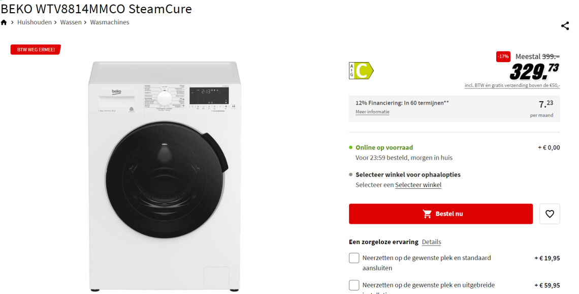 Vechter Wereldwijd partij BEKO wasmachine WTV8814MMCO SteamCure voor €329,73 bij de MediaMarkt