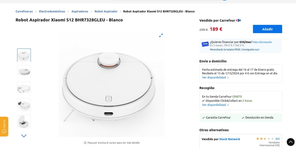 Robot Aspirador Xiaomi S12 BHR7328GLEU - Blanco