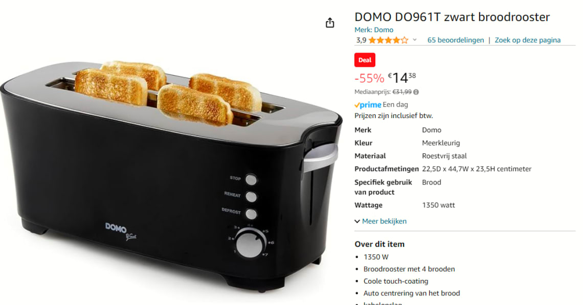 DOMO B-Smart DO961T Broodrooster voor €14,38 bij Amazon