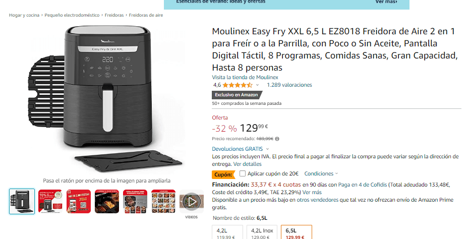 Freidora de aire Moulinex Easy Fry & Grill XXL con capacidad de 6,5 litros  · Moulinex · El Corte Inglés