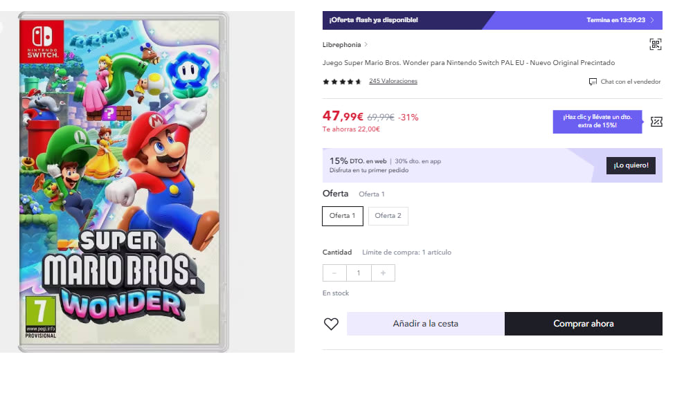 Super Mario Bros. Wonder Nintendo Switch por 33.6€
