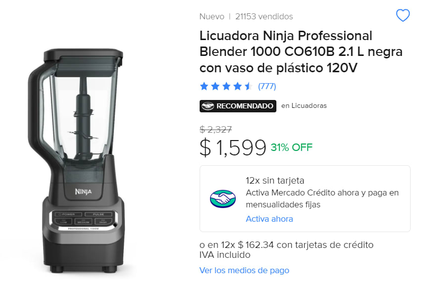 Licuadora Ninja Professional Blender 1000 CO610B 2.1 L negra con vaso de  plástico 120V