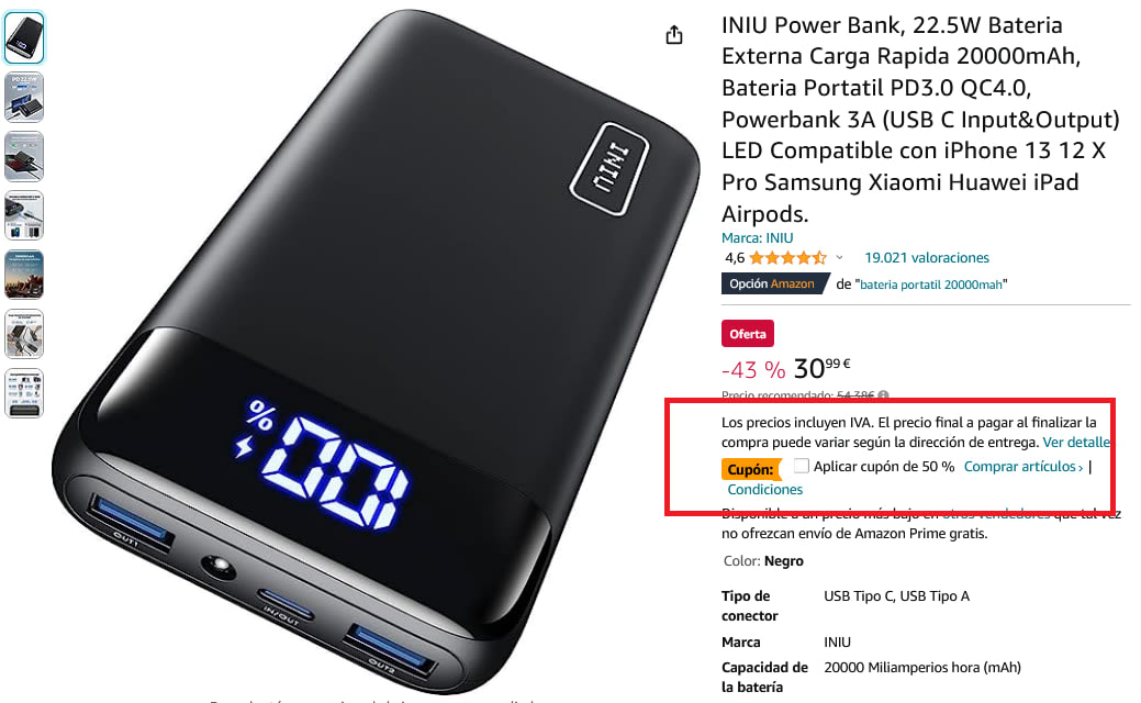 Comprar Bateria Externa de 20000 mAh Carga Rápida 22.5W y 3A