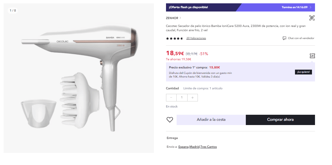 Cecotec Secador de pelo Iónico Bamba IoniCare 5200 Aura, 2300W de potencia,  con ion real y gran caudal, Función aire frío, 2 velocidades y 3  temperaturas : : Belleza