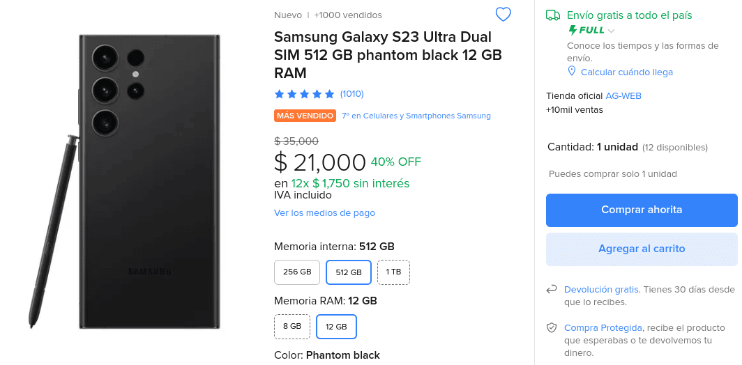 Samsung Galaxy S23 Ultra 512GB por $21,000 en Mercado Libre
