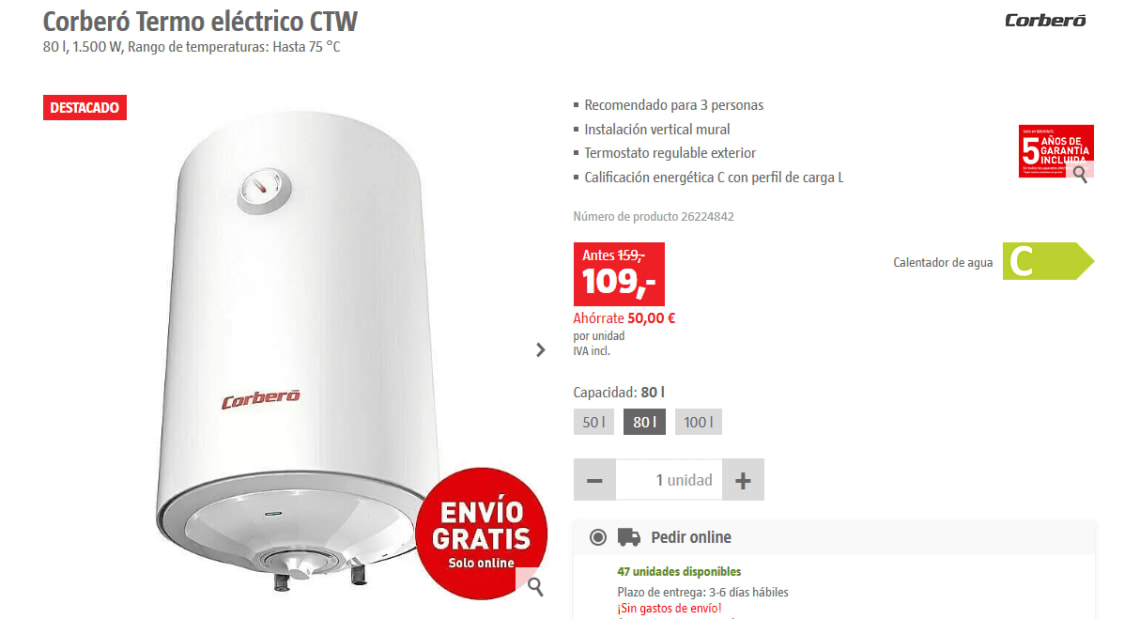 Termo Eléctrico Vertical CTW80 - Corberó