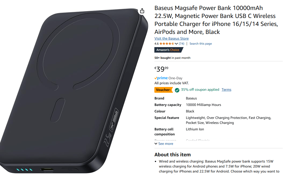 Baseus Magsafe Power Bank 10000mAh 22.5W voor €25,99 via Amazon