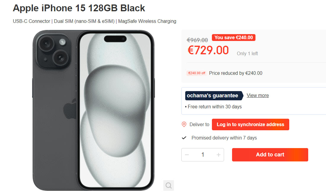 Apple iPhone 15 - 128GB - Black voor €729 bij Ochama