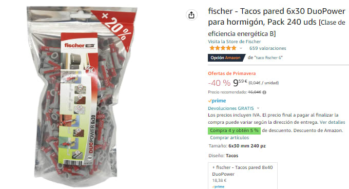 Compra Taco DUOPOWER 6 x 30 Fischer al mejor precio