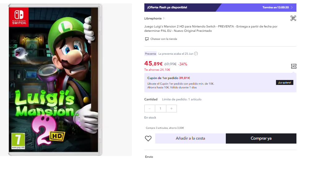 Juego Nintendo Switch Luigi's Mansion 2 HD por 45.89€ (Cuenta Nueva 35.89€)