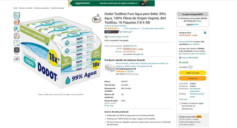 Compra Toallitas Dodot 864 uds. Aqua Pure [ 99% agua ] 