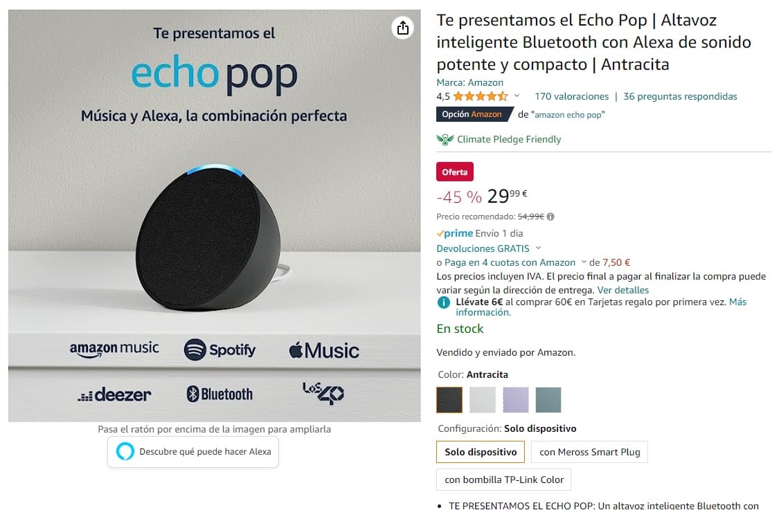 Echo Pop Altavoz Bluetooth Inteligente Alexa Verde + Regalo bombilla  inteligente