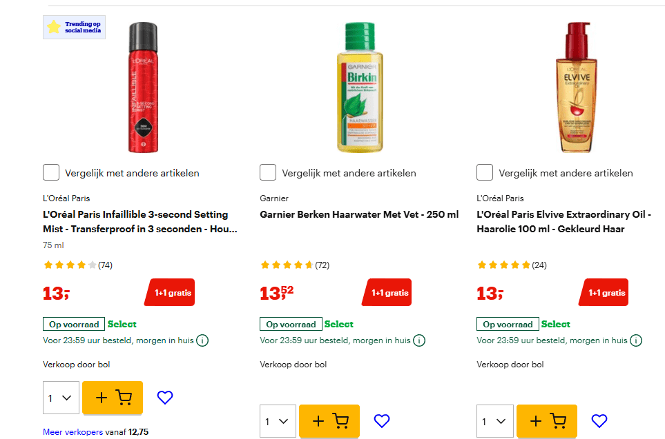 1+1 gratis op L'Oréal Paris, Maybelline & Garnier bij Bol