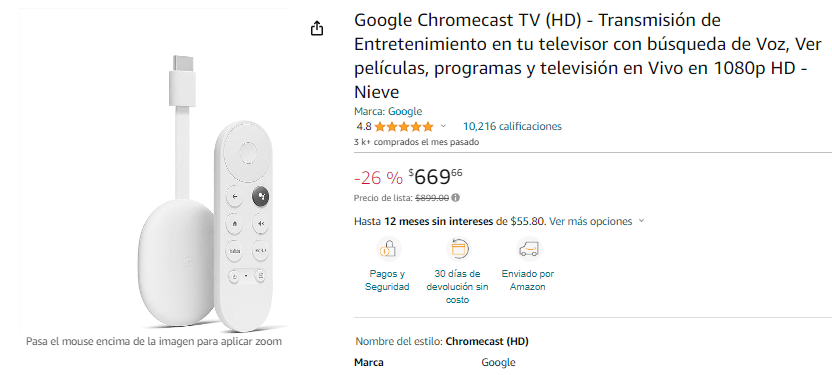 Google Chromecast TV (HD) - Transmisión de Entretenimiento en tu televisor  con búsqueda de Voz, Ver películas, programas y televisión en Vivo en 1080p  HD - Nieve : : Electrónicos