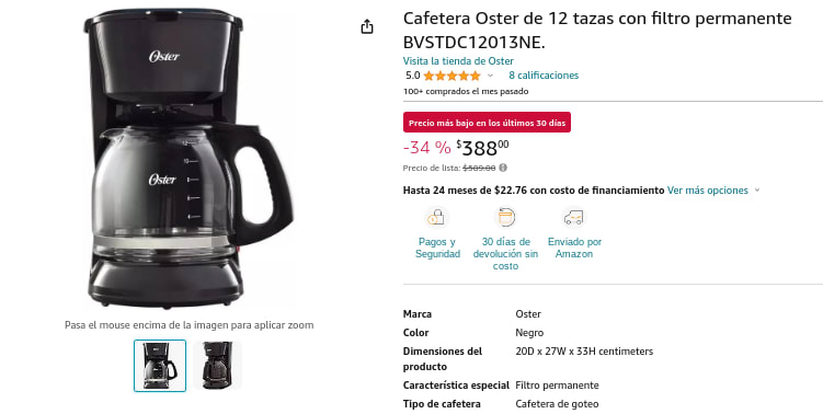 Cafetera Oster para 12 Tazas con Filtro Permanente BVSTDC12013NE