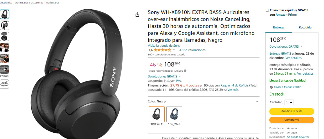 Sony WH-XB910N EXTRA BASS Auriculares over-ear inalámbricos con Noise  Cancelling, Hasta 30 horas de autonomía, Optimizados para Alexa y Google  Assistant, con micrófono integrado para llamadas, Negro : :  Electrónica