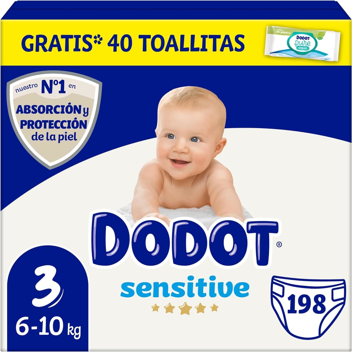 198 pañales Dodot Bebé Sensitive Talla 3 + 40 toallitas Gratis por 45,70€