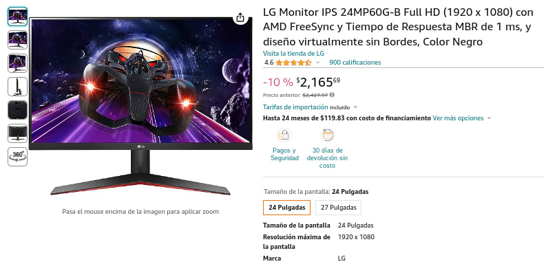 Monitor para PC LG de 24 pulgadas 24MP60G-B