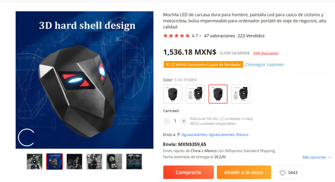 Aliexpress: Mochila LED con ojos para motociclista 