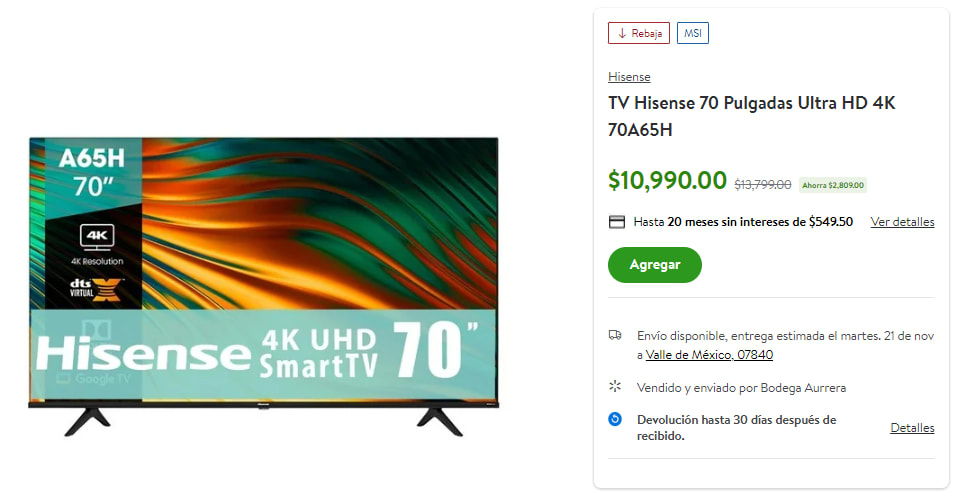 Pantalla Smart TV Hisense LED de 70 pulgadas 4K/UHD 70A65H con Google TV