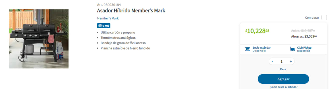 Asador Híbrido Member's Mark a $7, en Sam's Club