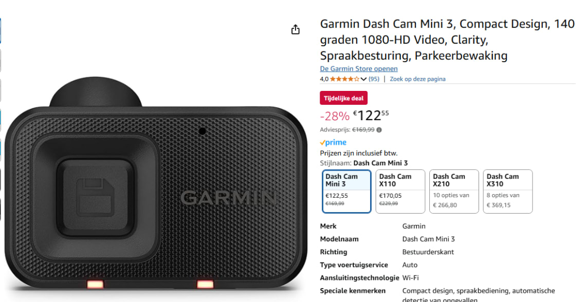Garmin Dash Cam Mini 3, Compact Design voor €122,55 bij Amazon