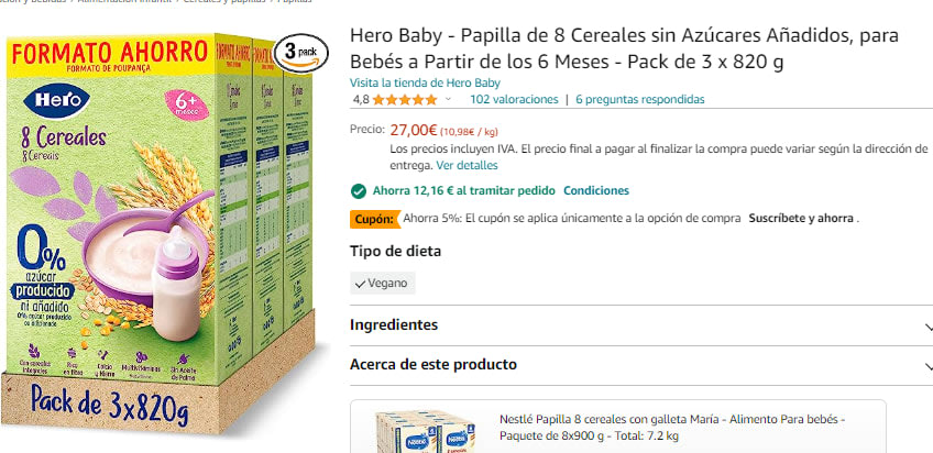 Hero Baby Papilla de 8 Cereales - Para Bebés a Partir de los 12 Meses, con  0 % Azúcar Producido ni Añadido - 820 g : : Alimentación y bebidas