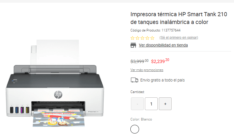 Impresora térmica HP Smart Tank 210 de tanques inalámbrica a color