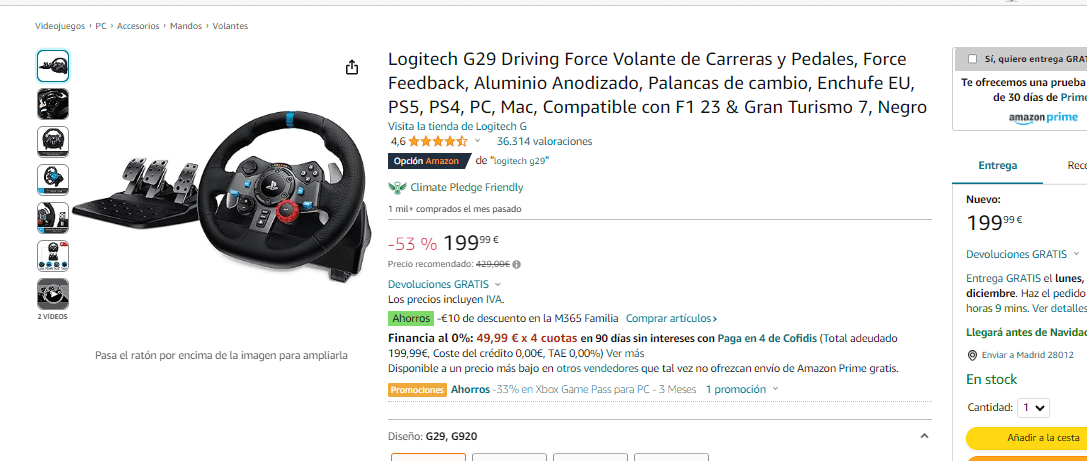 Logitech G29 Driving Force Volante de Carreras y Pedales, Force Feedback,  Aluminio Anodizado, Palancas de cambio, Enchufe EU, PS5, PS4, PC, Mac,  Compatible con F1 23 & Gran Turismo 7, Negro 