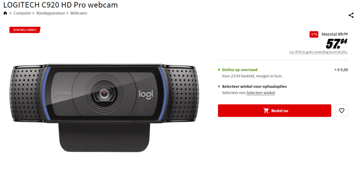 pond Eekhoorn Maori Logitech C920 HD Pro Webcam voor €57,84 bij de Mediamarkt