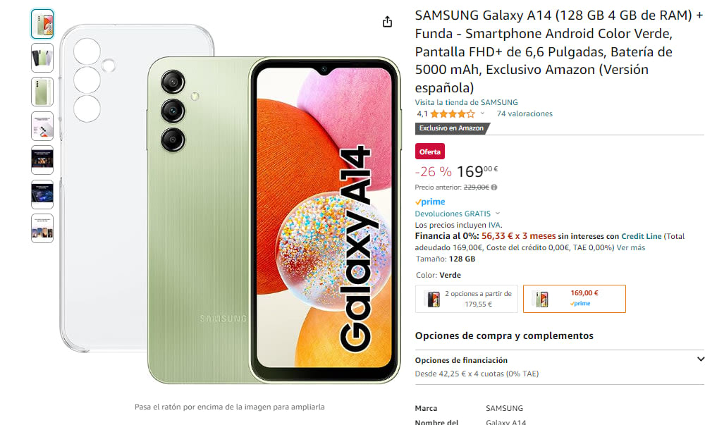 SAMSUNG Galaxy A14 (128 GB 4 GB de RAM) + Funda - Smartphone Android Color  Plata, Pantalla FHD+ de 6,6 Pulgadas, Batería de 5000 mAh, Exclusivo   (Versión española) : : Electrónica