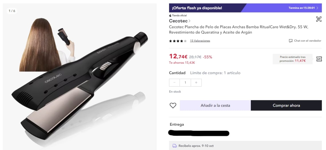 Plancha para el pelo Cecotec Bamba RitualCare Wet&Dry con revestimiento de  Queratina y aceite de Argán por 13,59€.