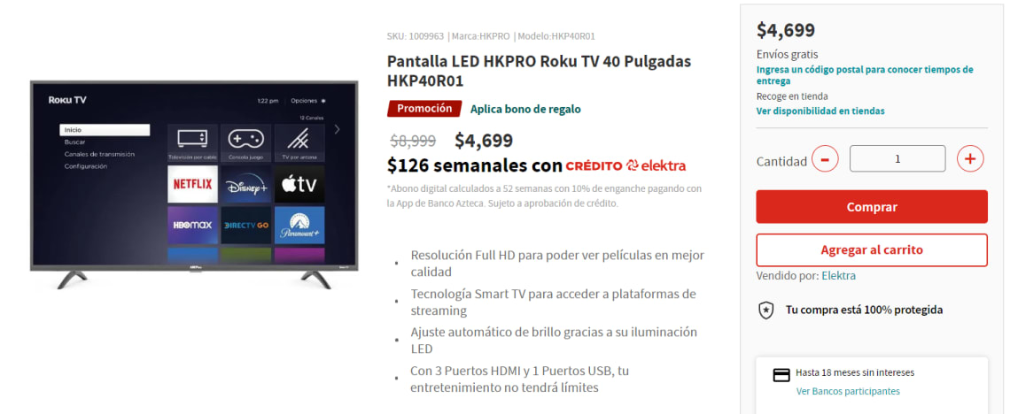 Pantalla LED HKPRO TV 40 a $4,699 en Elektra