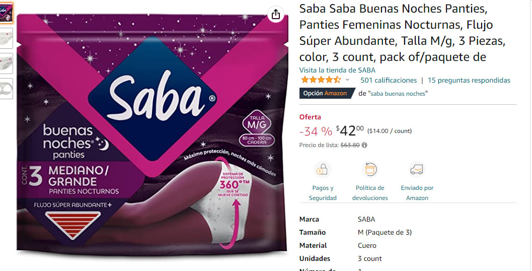 Saba Panties Femeninas Nocturnas 3 piezas talla M/G por $42 Saba Panties Femeninas Nocturnas 3 piezas talla M/G por $42