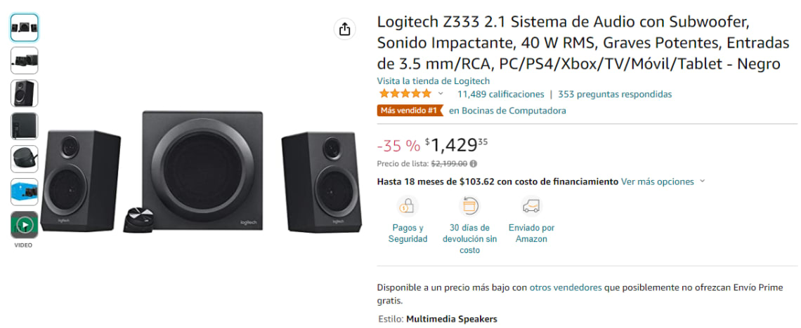 Sistema de bocinas 2.1 para computadora Logitech Z333 con subwoofer