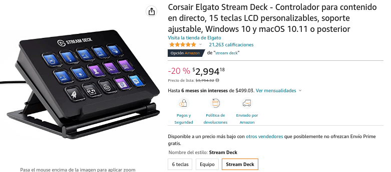 Corsair Elgato Stream Deck - Controlador para contenido en directo, 15  teclas LCD personalizables, soporte ajustable, Windows 10 y macOS 10.11 o  posterior : : Electrónicos