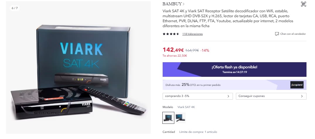 Receptor Satélite 4K Multistream Viark Sat 4K UHD DVB-S2X H.265 HEVC 60fps  con LAN y Antena WiFi por USB por 127.49€