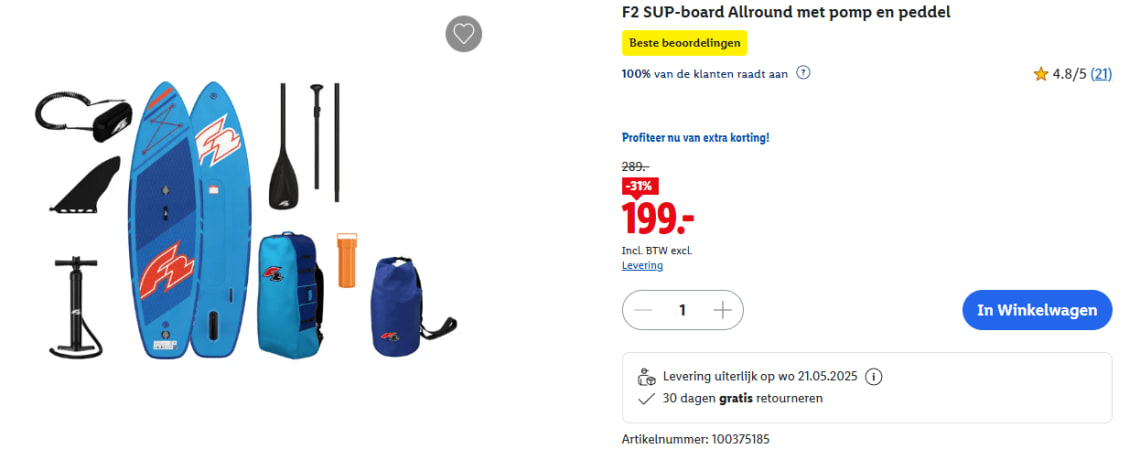 F2 SUP-board Allround met pomp en peddel 320 x 84 x 15 cm voor €199 in de Lidl webshop