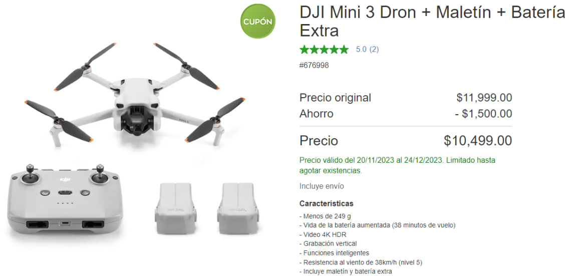 DJI Mini 3 Dron + Maletín + Batería Extra por $8,499 en Costco