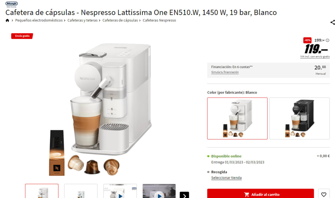 Delonghi Cafetera Cápsulas EN510.W Nespresso Blanco