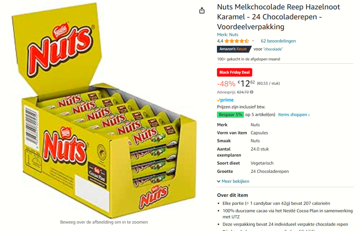 Nuts Melkchocolade Reep Hazelnoot Karamel - 24 Chocoladerepen voor €12,82 bij Amazon