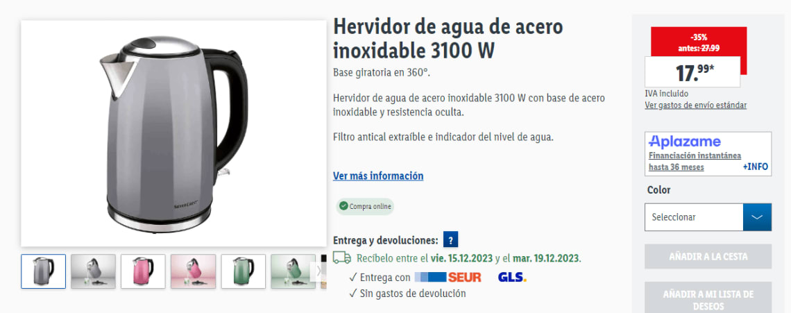 Hervidor de agua de acero inoxidable 3100 W