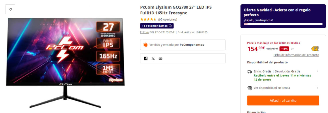 Monitor gaming PcCom Elysium GO2780 27 pulgadas LED IPS FullHD 165Hz por 154,99€