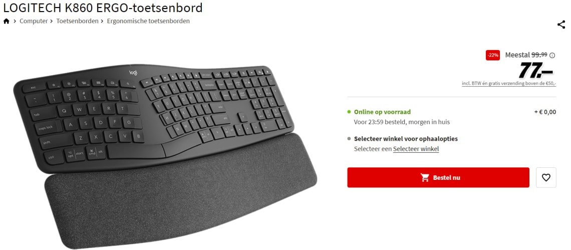 rechtbank omvang Gestreept Logitech K860 Ergonomisch Draadloos Toetsenbord Qwerty voor €77 bij de  Mediamarkt