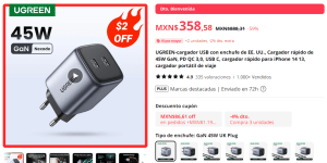 AliExpress: UGREEN Cargador 2 Puertos USB C 45W GaN 