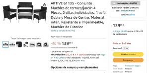 Conjunto Muebles de jardín, 2 sillas Individuales, 1 sofá Doble y Mesa de Centro + Cojines por 139,08€