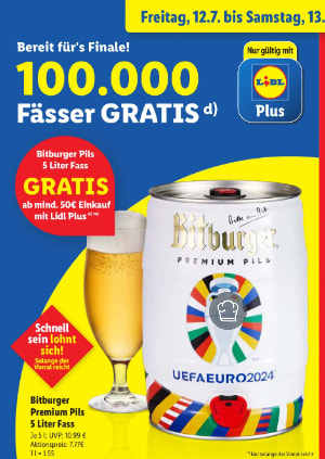 Gratis 5L Bitburger biervat bij je aankopen via de app bij de Lidl in Duitsland