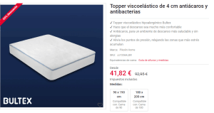 Topper viscoelástico de 4 cm antiácaros y antibacterias